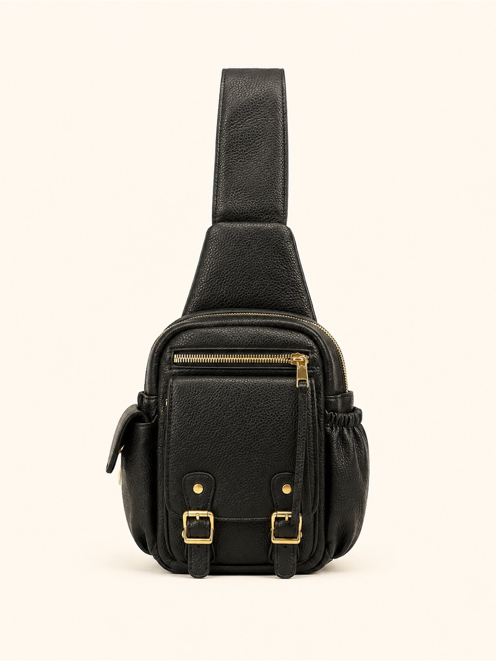 Men's Black Leather Sling Belt Bag with Gold Accents